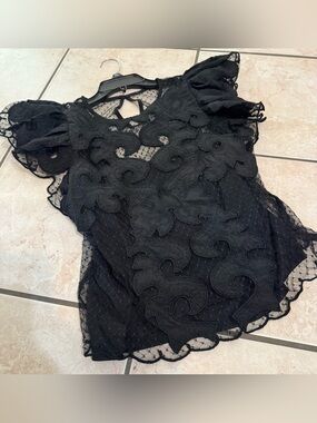 Express black lace blouse with ruffles and floral embroidery